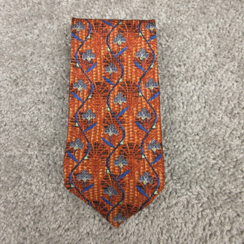 Ermenegildo Zegna Tie Mens Orange Floral Printed Silk Italian Disgno Esclusivo